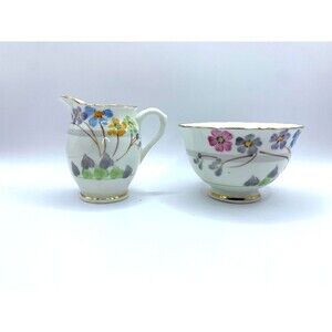Sutherland Bone China White Creamer Sugar Bowl Floral Design Gold Gilt England